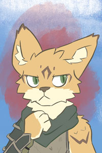 Drawing of a cat frowning that is wearing clothes for adventure.