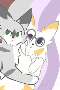 Drawing of a cat holding another cat.