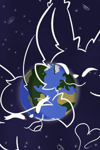 A drawing of two cats together infront of earth.