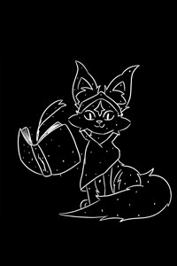 Drawing of a magical cat, reading from a floating book.